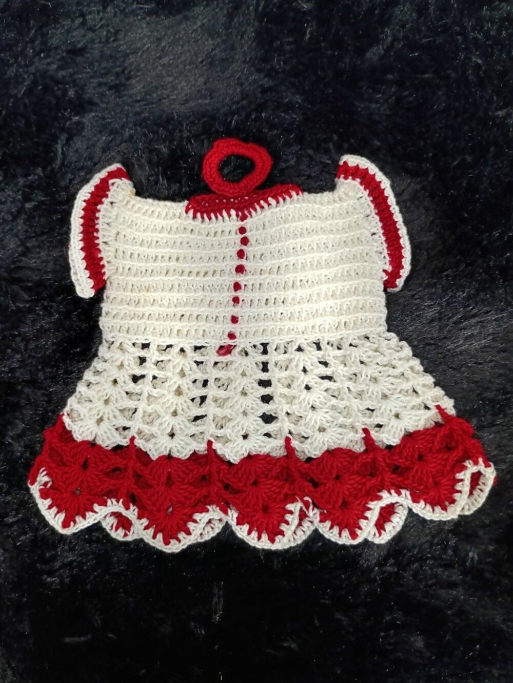 Handmade Crochet Dress-Style Kitchen Towel Holder In White & Red With Hanging Lo